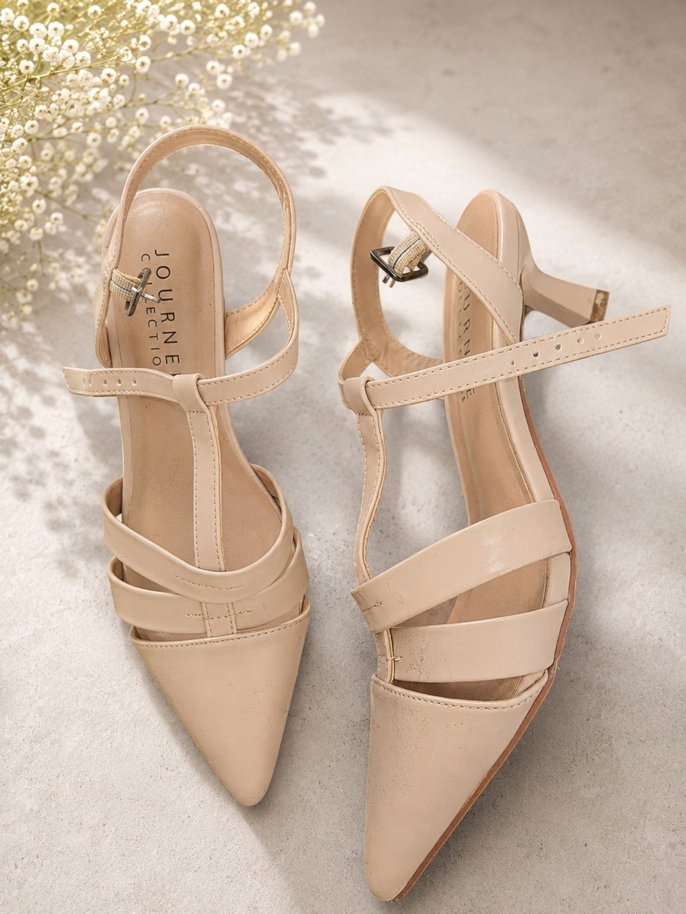 Journee Collection Beige Strappy Pointed-Toe T-Strap Heels
